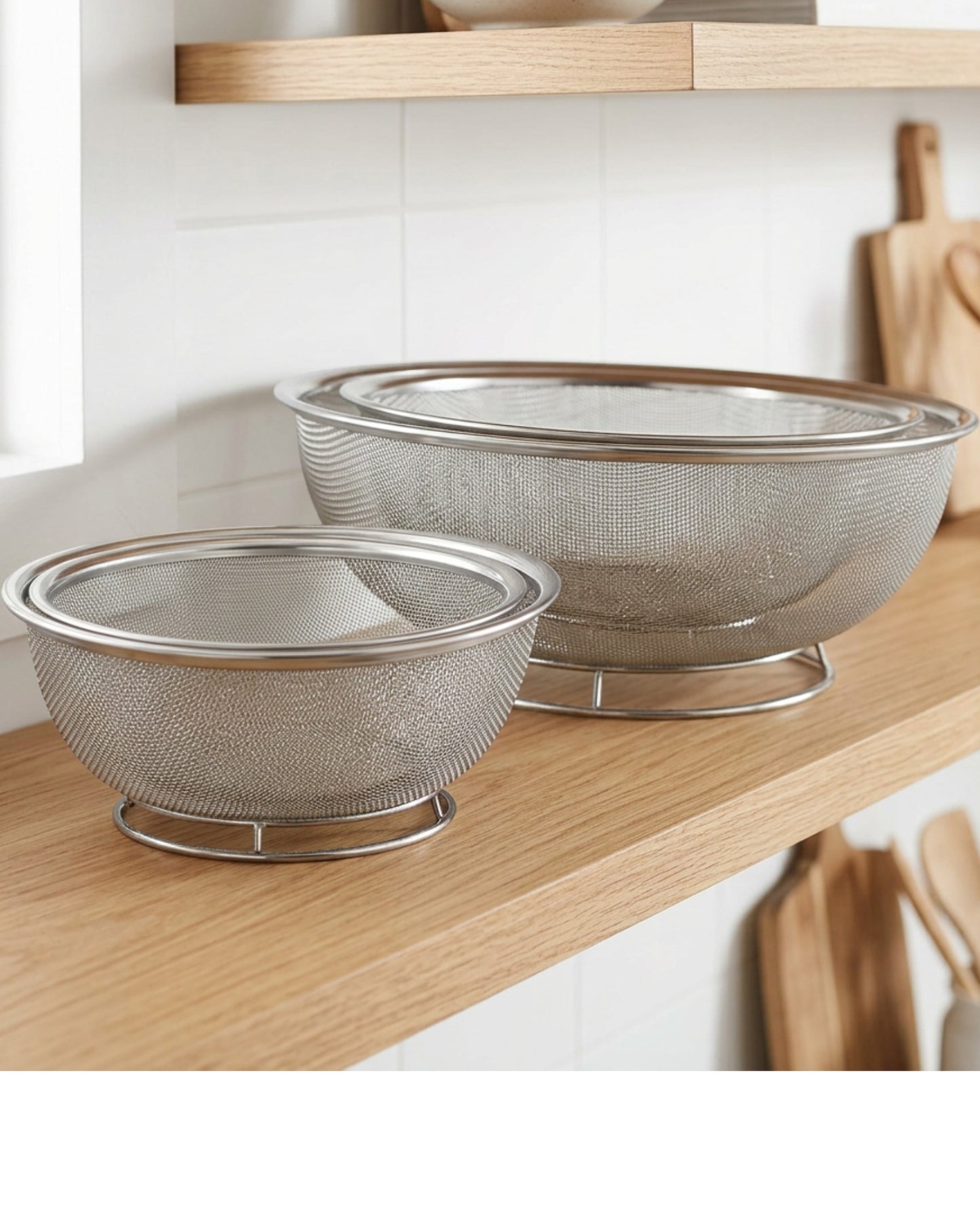 Fbkmx Nestgrid Stainless Steel Mesh Colander Set 3 Sizes 7 9 11 in Silver - Lifestyle view