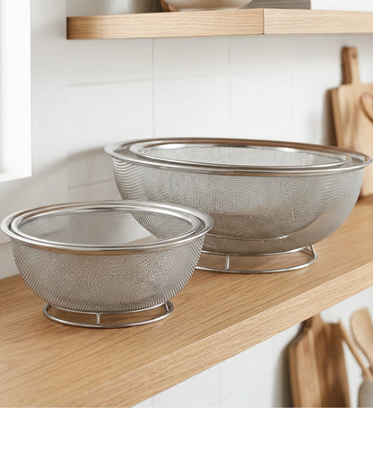 Fbkmx Nestgrid Stainless Steel Mesh Colander Set 3 Sizes 7 9 11 in Silver - Lifestyle view